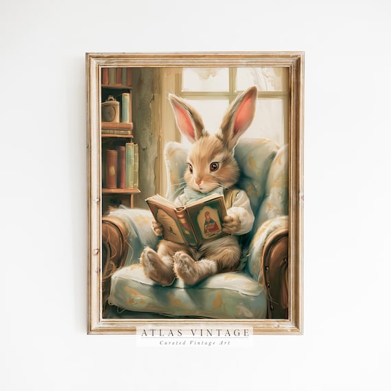Cute Bunny Reading Book in Cozy Armchair Storybook Rabbit Poster