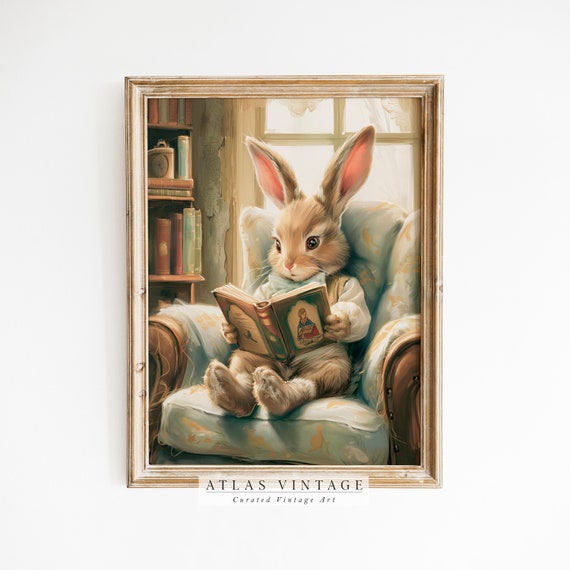Easter Bunny Reading A Book Print Vintage Spring Rabbit Wall Art Nursery Kids Room Dcor Antique Cute Bunny Painting
