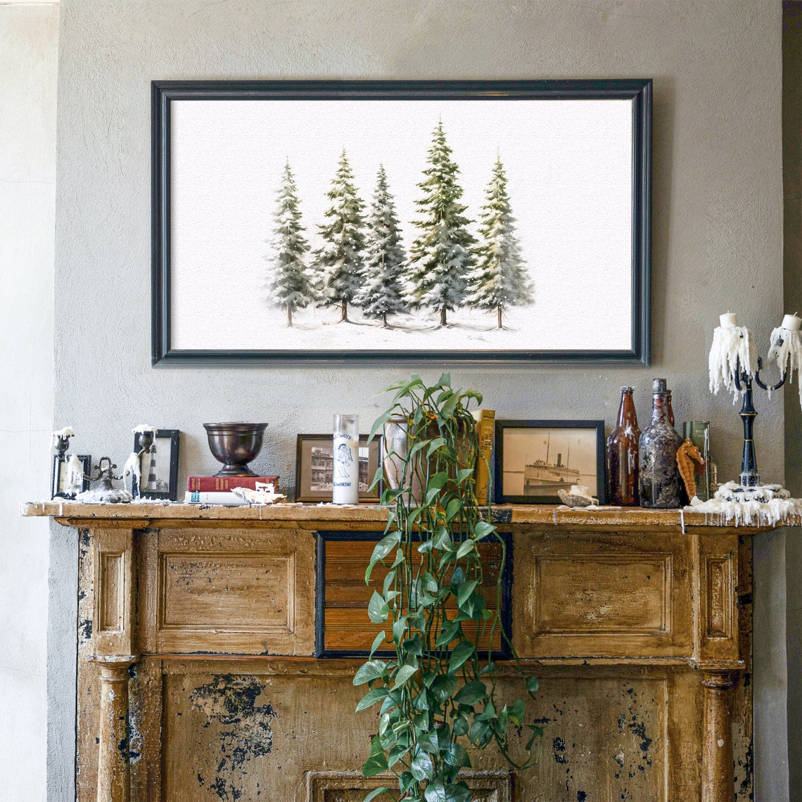 Five Snowy Pine Trees on White Minimalist Watercolor Winter Poster - Image 6