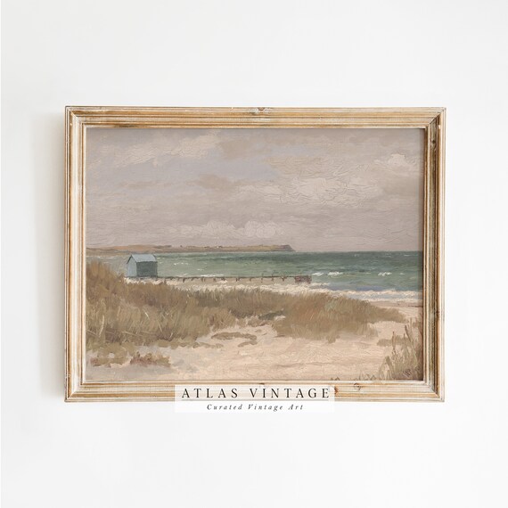Tiny Vintage Beach House Dune Grass Green Sea Muted Coastal Painting Poster