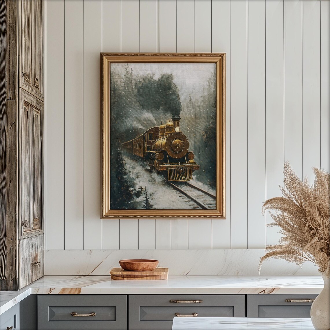 Vintage Golden Steam Train Christmas Poster Snowy Railroad Locomotive - Image 4