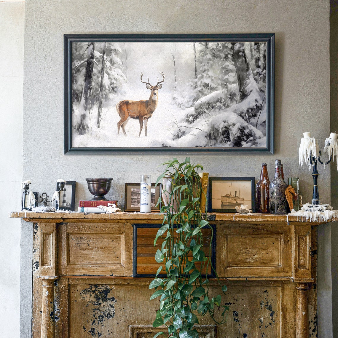 Deer in Snowy Winter Forest Painting Buck with Antlers Art Poster - Image 5