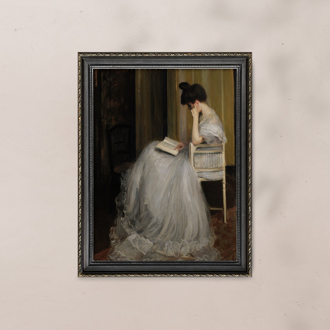 Vintage Woman Reading Book Portrait Moody White Dress Interior Poster - Image 8
