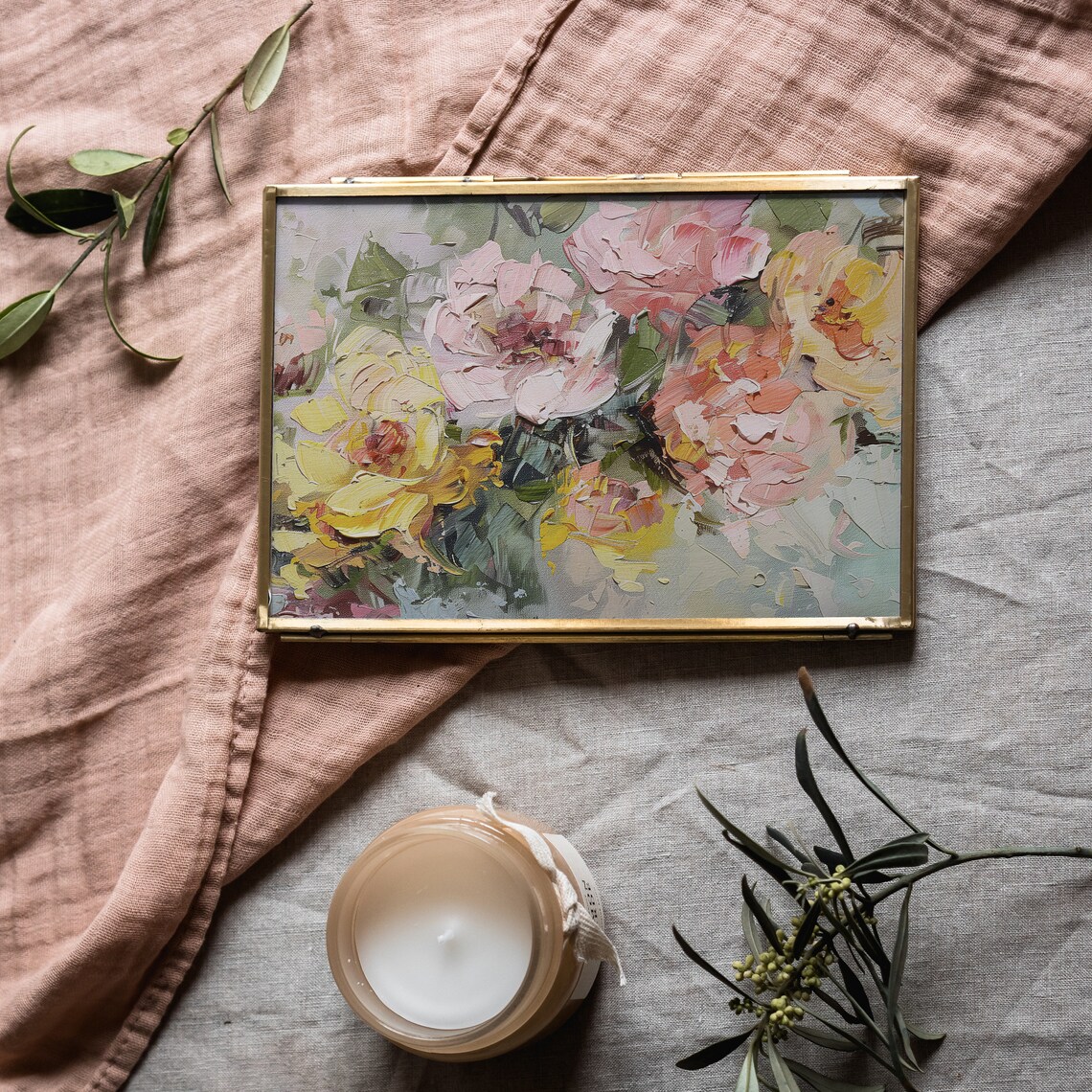 Colorful Pink and Yellow Peonies Impasto Floral Painting Poster - Image 2
