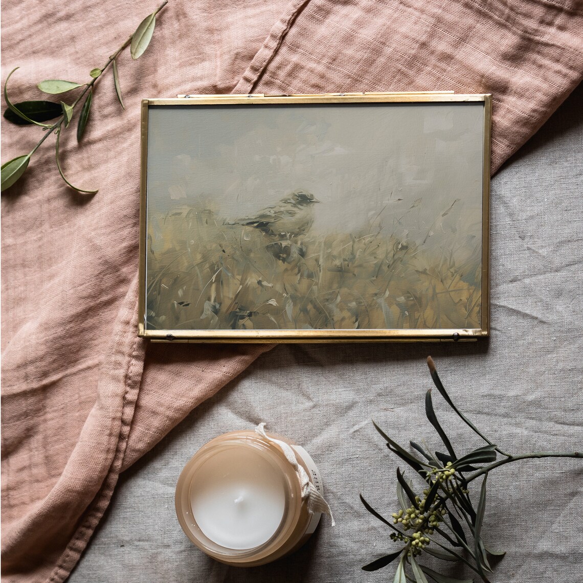 Muted Beige Songbird Meadow Oil Painting Vintage Neutral Field Study Poster - Image 4