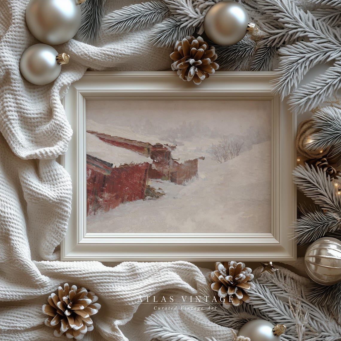Red Barn in Snow Vintage Winter Farm Landscape Painting Poster - Image 6