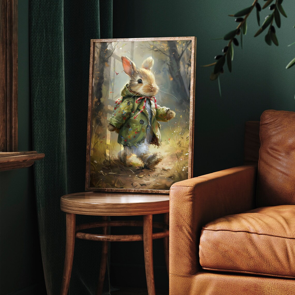 Whimsical Bunny in Green Coat Woodland Forest Adventure Art Poster - Image 7