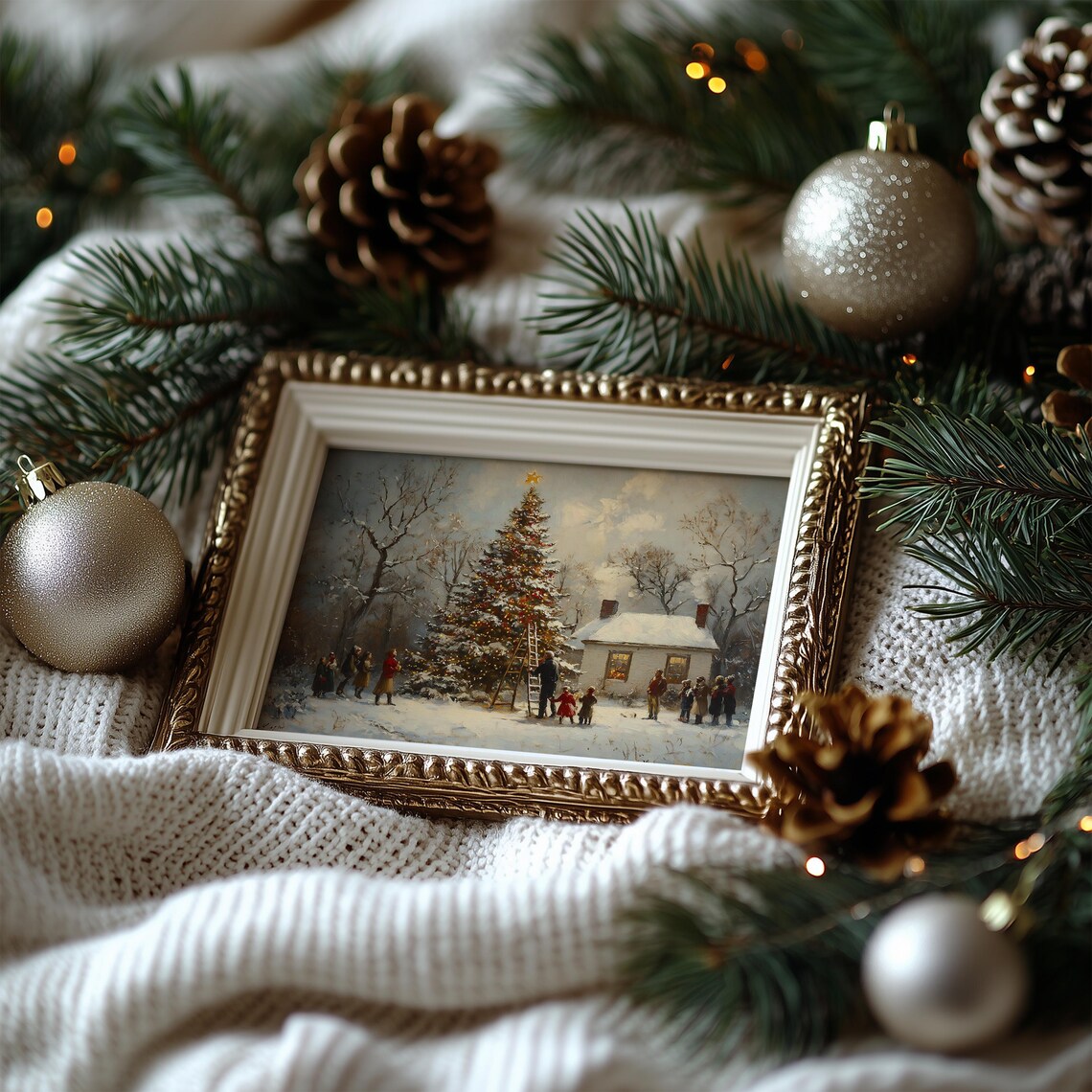 Snowy Christmas Tree Lighting Gathering Vintage Oil Painting Poster - Image 7