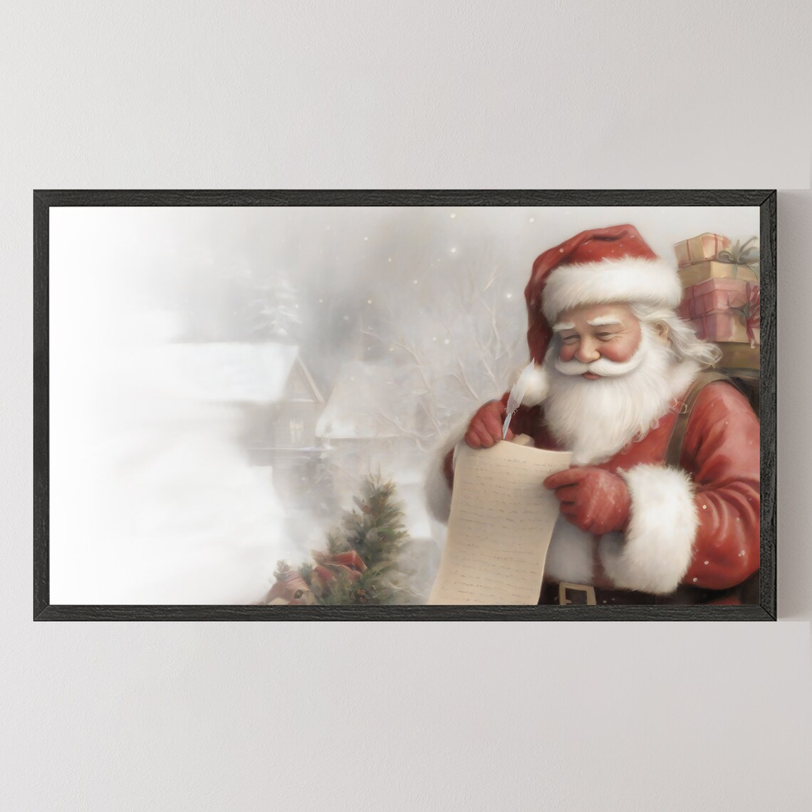Santa Claus Checking His List in Snowy Village Painting Poster - Image 2