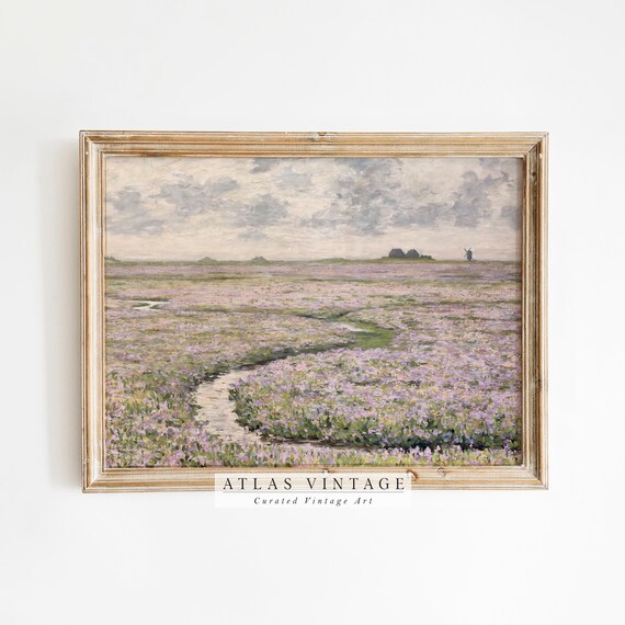 Vintage Wildflower Meadow With Winding Stream Impressionist Field Poster