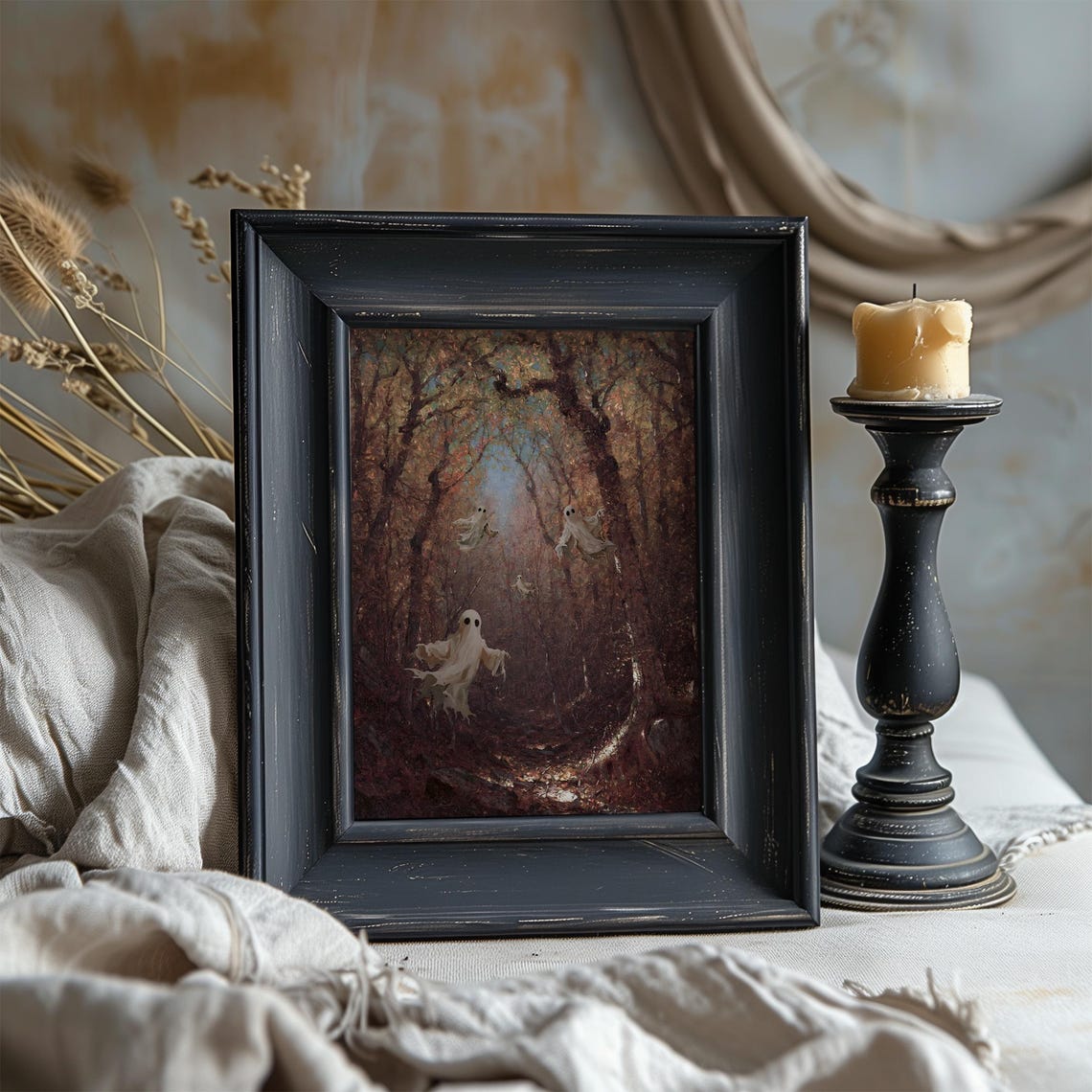Cute Ghosts Flying Through a Dark Autumn Forest Halloween Poster - Image 4