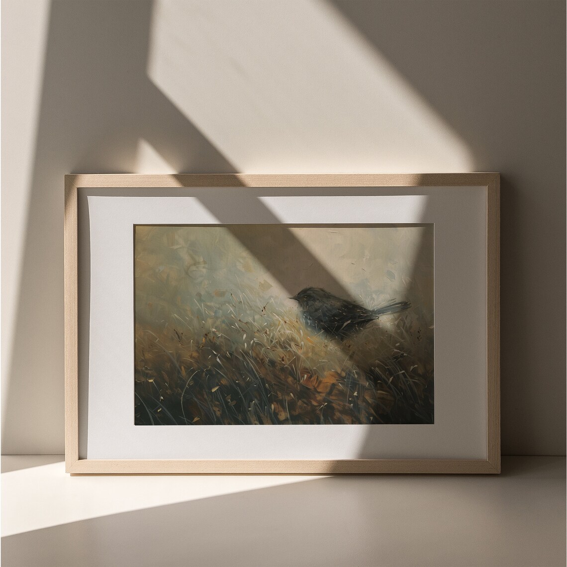 Moody Neutral Bird Painting Dark Little Bird in Tall Grass Art Poster - Image 4