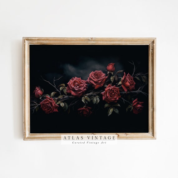 Vintage Valentine Flower Print Antique Red Rose Painting Floral Valentine Wall Art Dark Moody Botanical Dcor