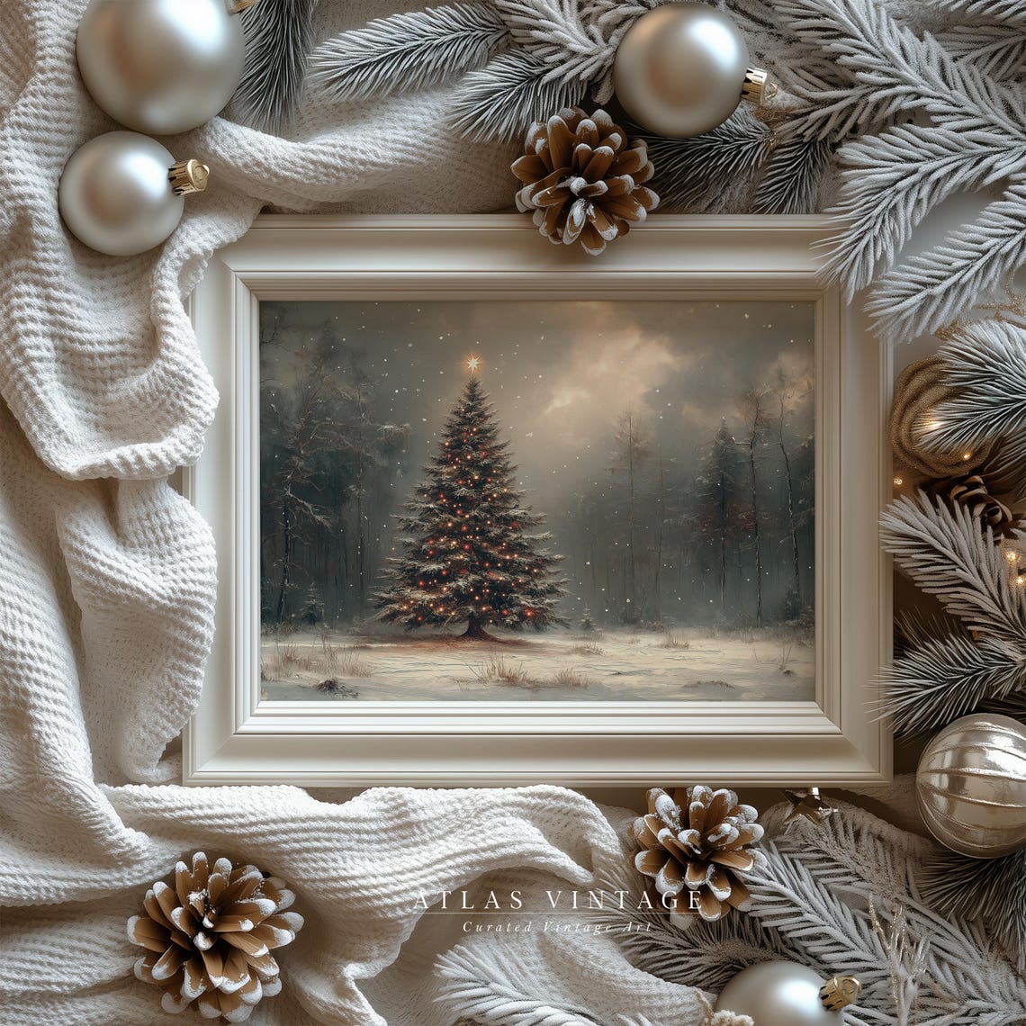 Vintage Snowy Christmas Tree Winter Forest Lights Moody Poster - Image 5
