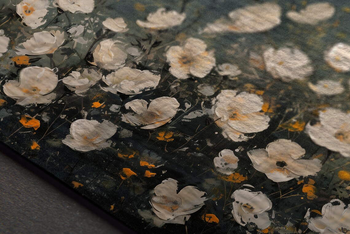 Dark Navy Botanical Wildflower White Meadow Floral Oil Painting Poster - Image 4