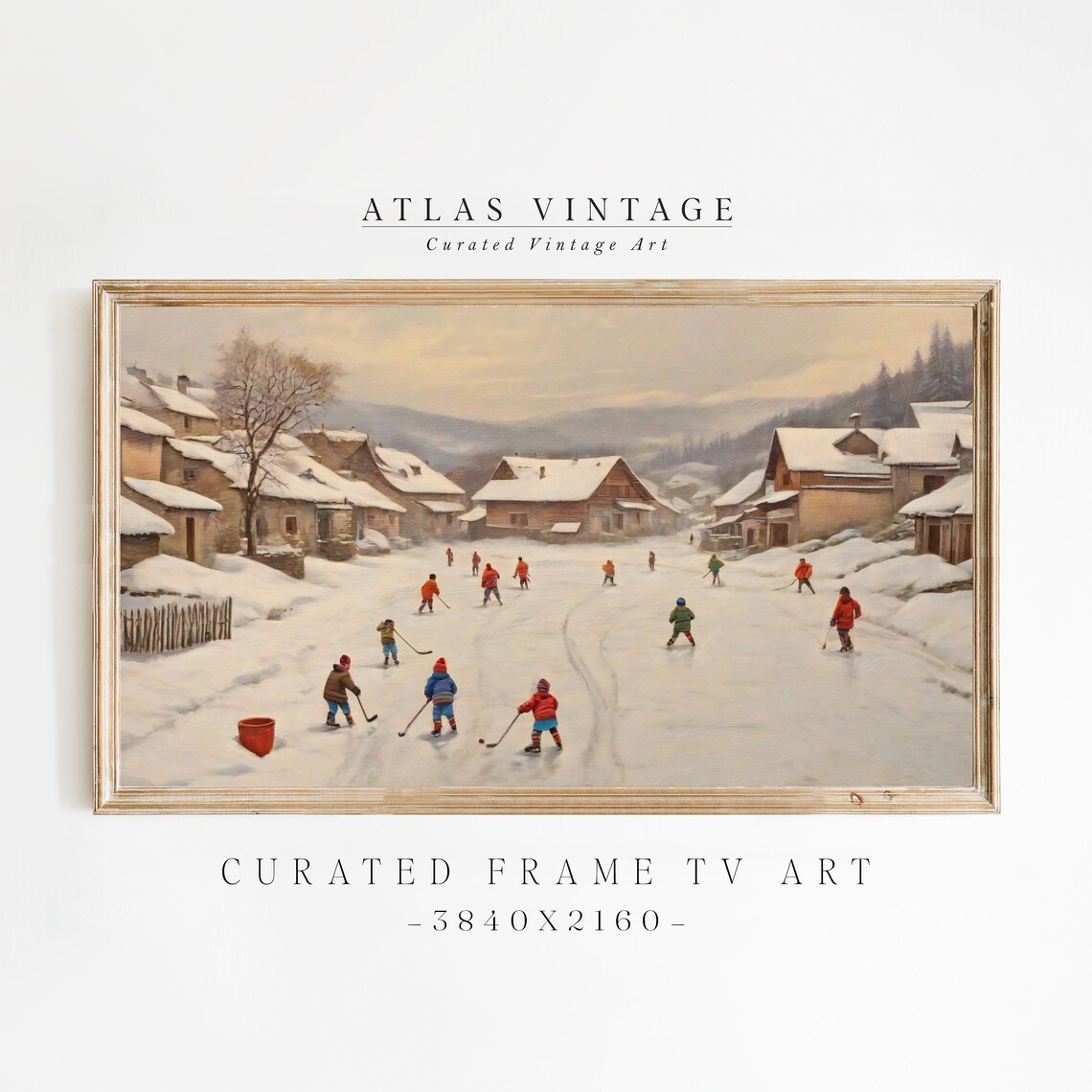 Vintage Christmas Frame Tv Art Winter Village Frame Tv Holiday Screensaver Hockey Players Landscape Painting