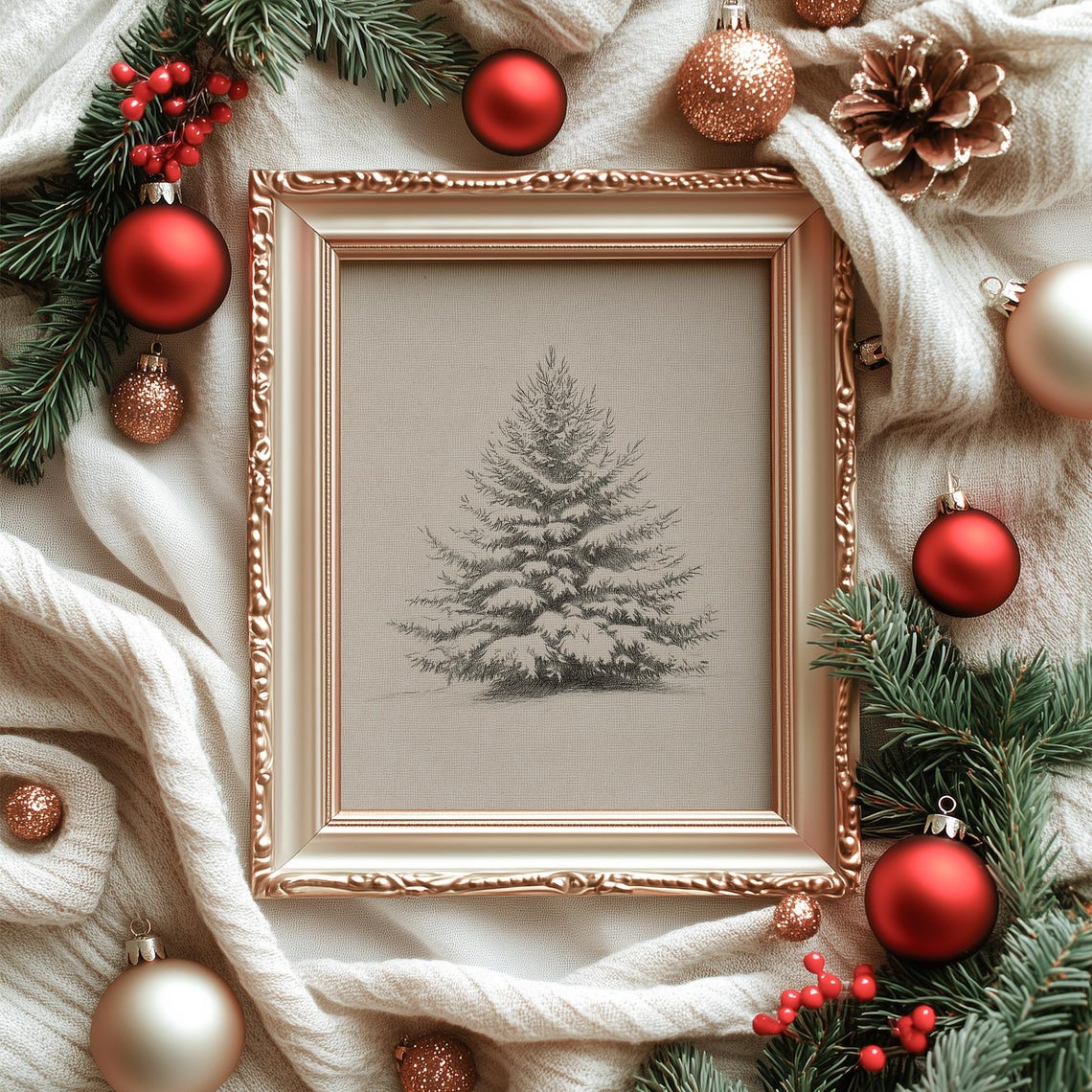 Snow Covered Pine Tree Pencil Sketch Minimal Winter Drawing Poster - Image 4