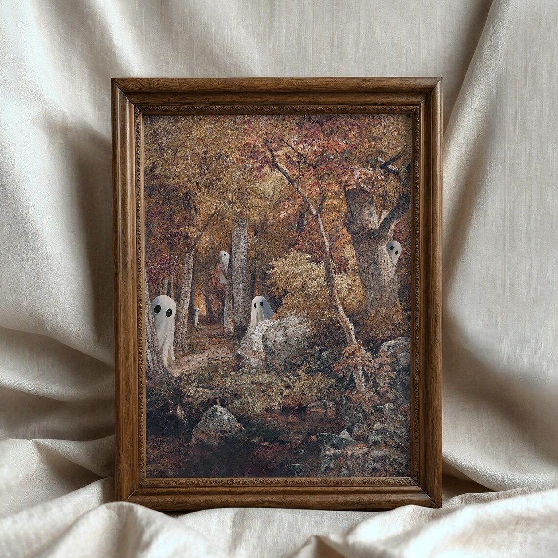 Cute Ghosts in Autumn Forest Vintage Halloween Woodland Art Poster - Image 2