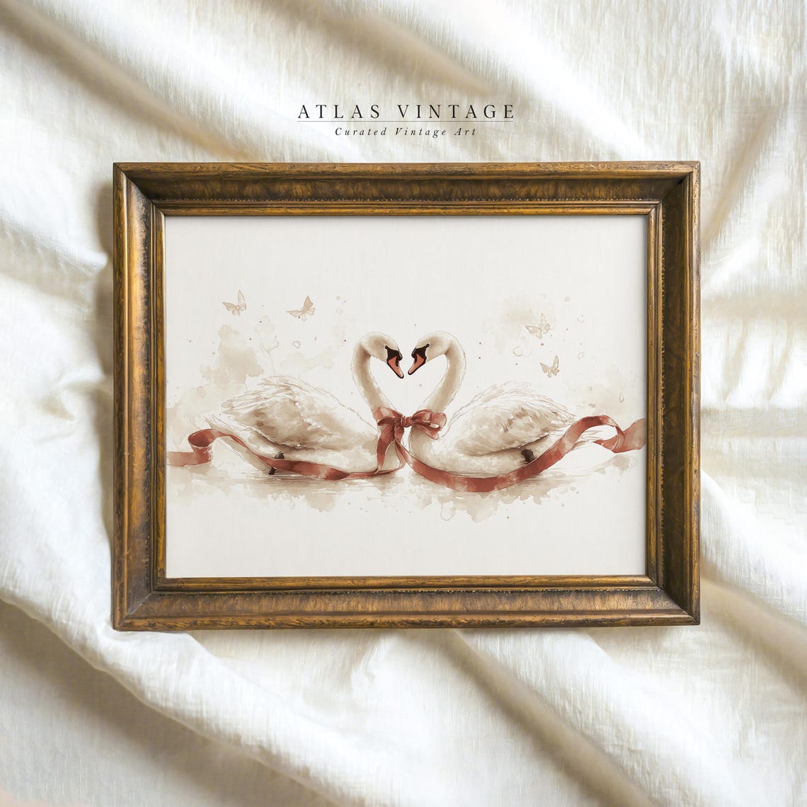 Swans Forming a Heart Red Ribbon Valentines Day Print Soft Watercolor