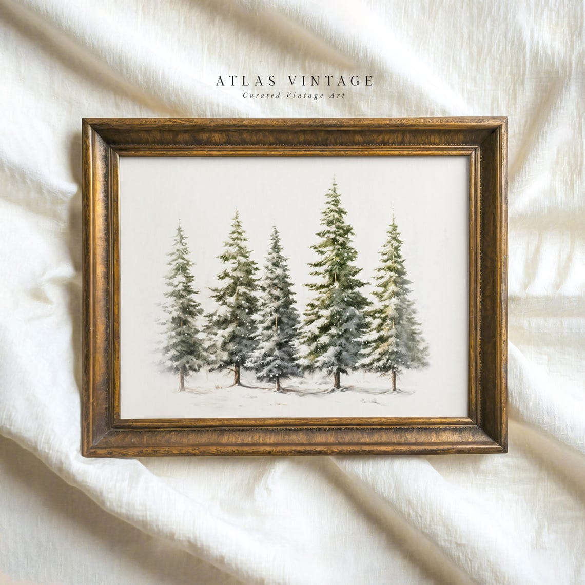 Five Snowy Pine Trees Minimalist Winter Forest Watercolor Poster