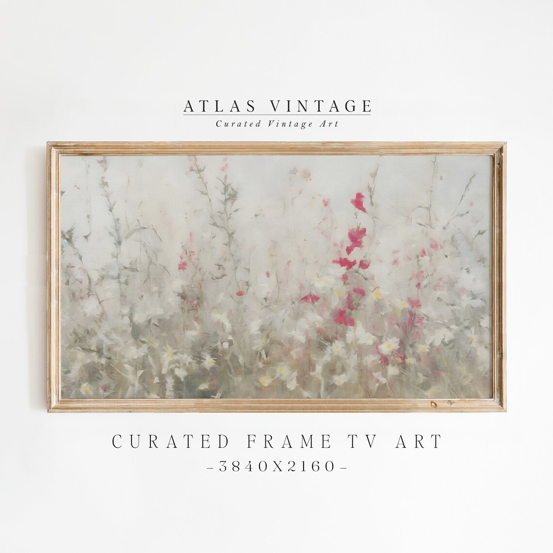 Pink Flower Field Landscape Frame Tv Art Vintage Wildflower Meadow Tv Art Summer Floral Painting Screensaver Spring Country Decor
