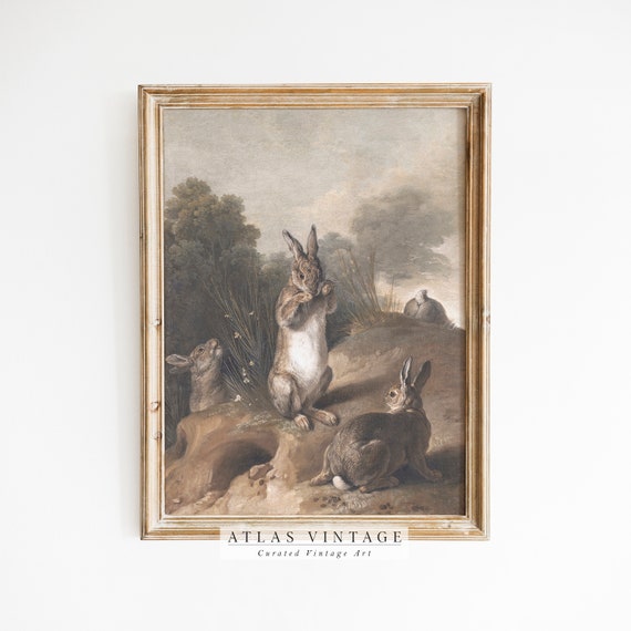 Vintage Easter Bunny Print Antique Spring Rabbit Oil Painting Neutral Rustic Farmhouse Dcor Moody Countryside Wall Art