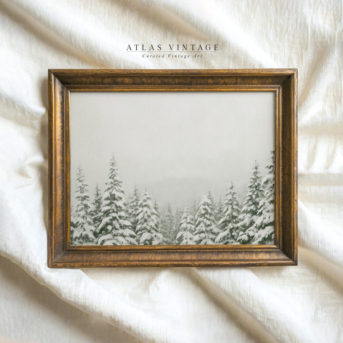 Snowy Pine Forest Treeline Winter Mist Christmas Vintage Nature Poster