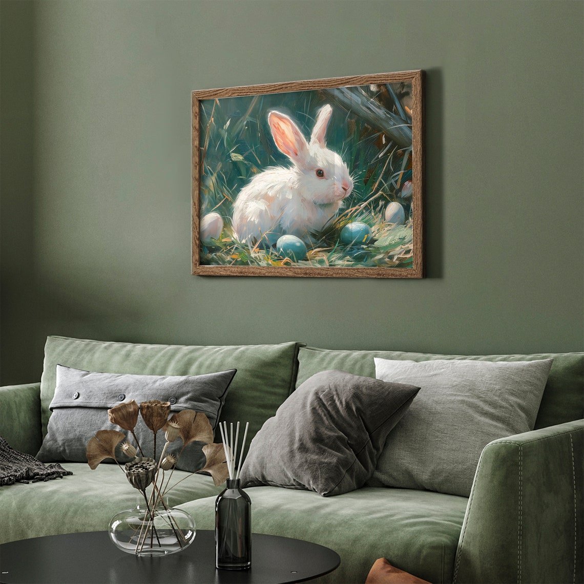 White Easter Bunny with Painted Eggs Spring Meadow Painting Poster - Image 3