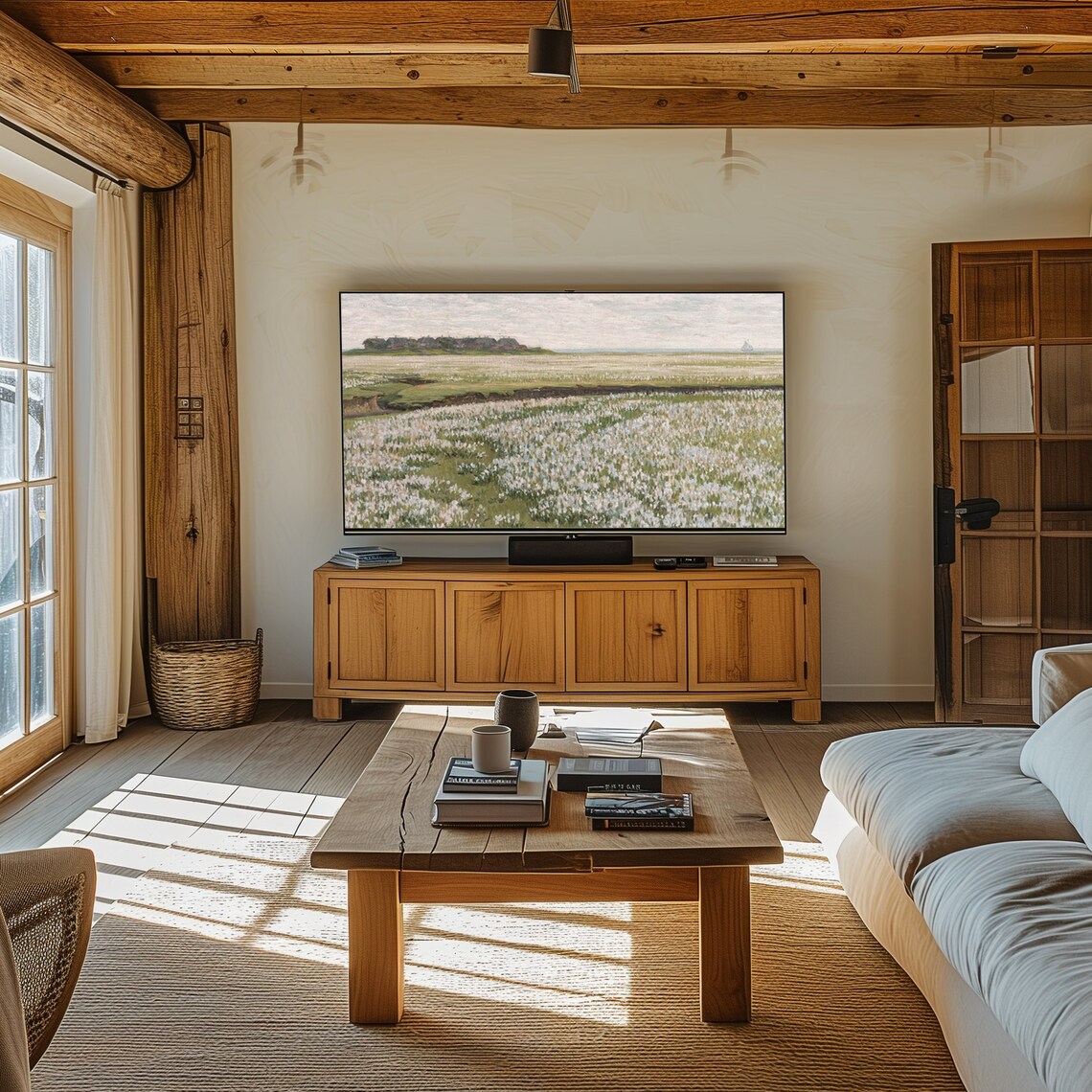 Coastal Wildflower Marsh Cottages Sailboat Vintage Landscape Frame TV Wall Art - Image 5