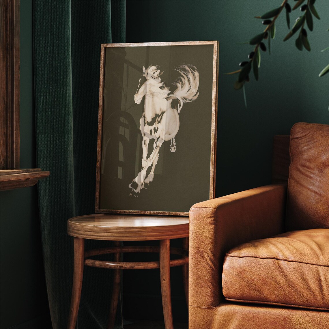 White Horse Sketch on Dark Olive Vintage Minimalist Equine Art Poster - Image 6