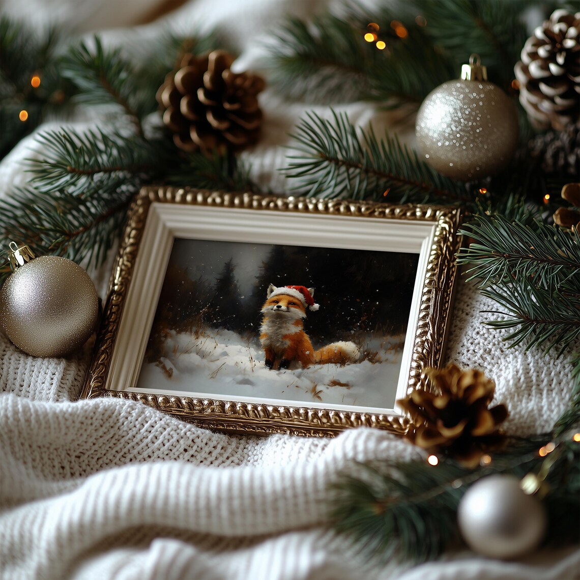 Fox in a Santa Hat Snowy Vintage Christmas Animal Painting Poster - Image 6