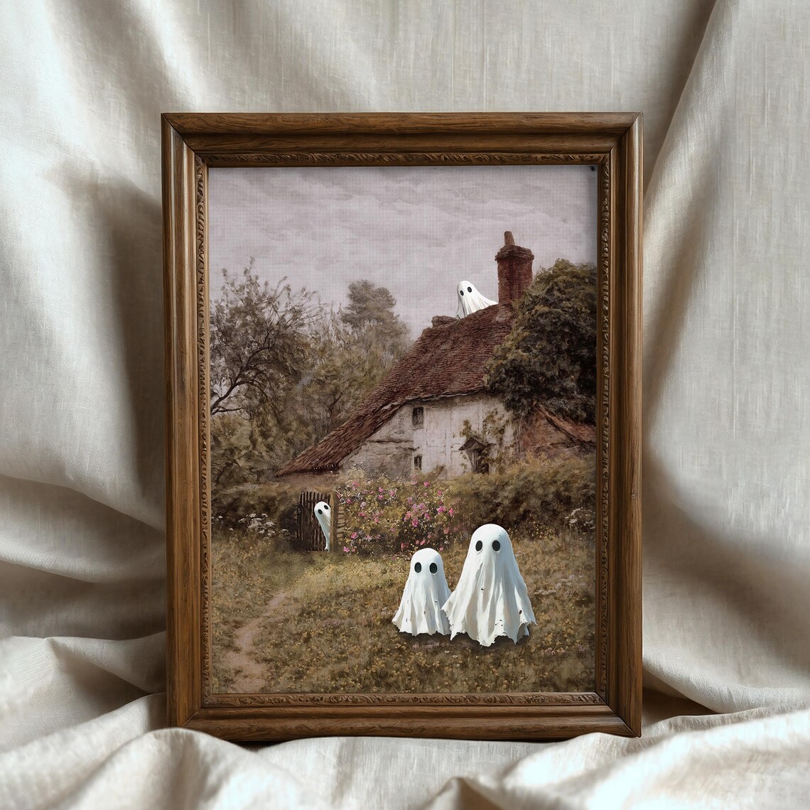 Cute Sheet Ghosts Old Country Cottage Fall Landscape Halloween Art Poster - Image 7