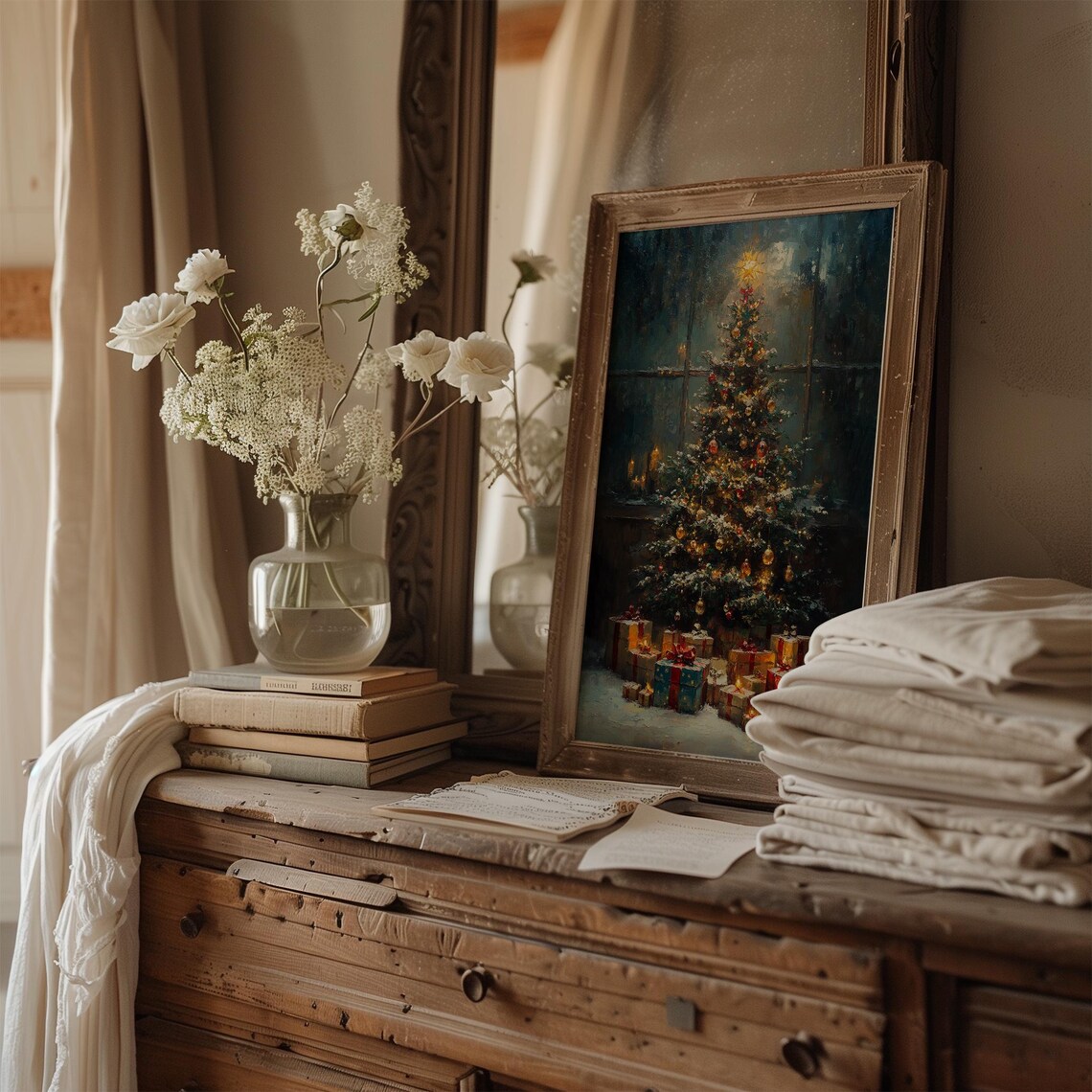 Cozy Christmas Tree with Gifts by Frosty Window Painting Poster - Image 2