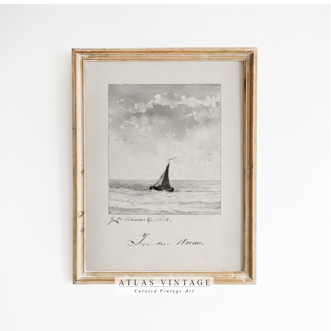 Antique Sailboat Sketch In Den Sturm Vintage Gray Wash Maritime Poster