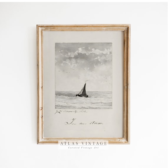 Antique Sailboat Sketch In Den Sturm Vintage Gray Wash Maritime Poster