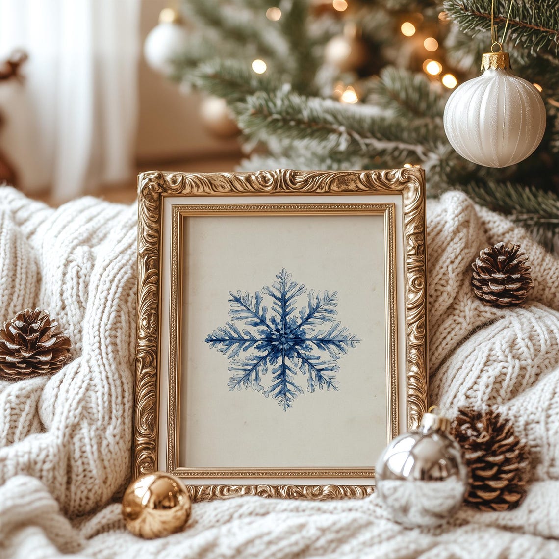 Delicate Blue Watercolor Snowflake on Beige Winter Holiday Poster - Image 3
