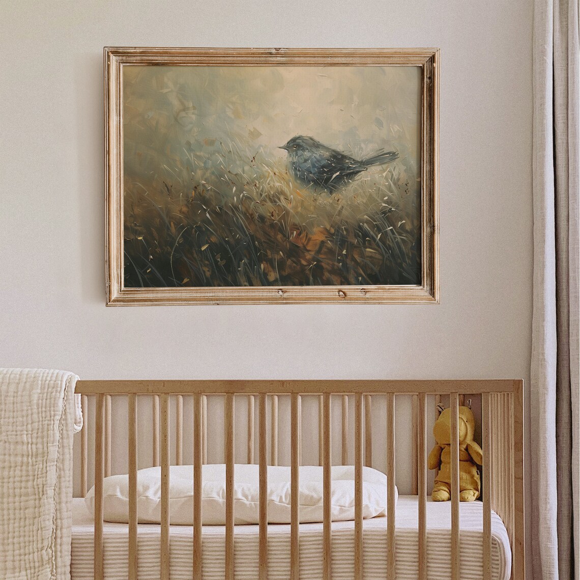 Moody Neutral Bird Painting Dark Little Bird in Tall Grass Art Poster - Image 6
