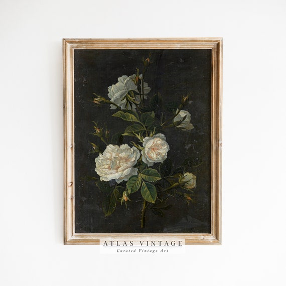 Vintage Rose Painting Dark Botanical Print Moody Flower Wall Art Victorian Cottagecore Decor Dark Academia Floral
