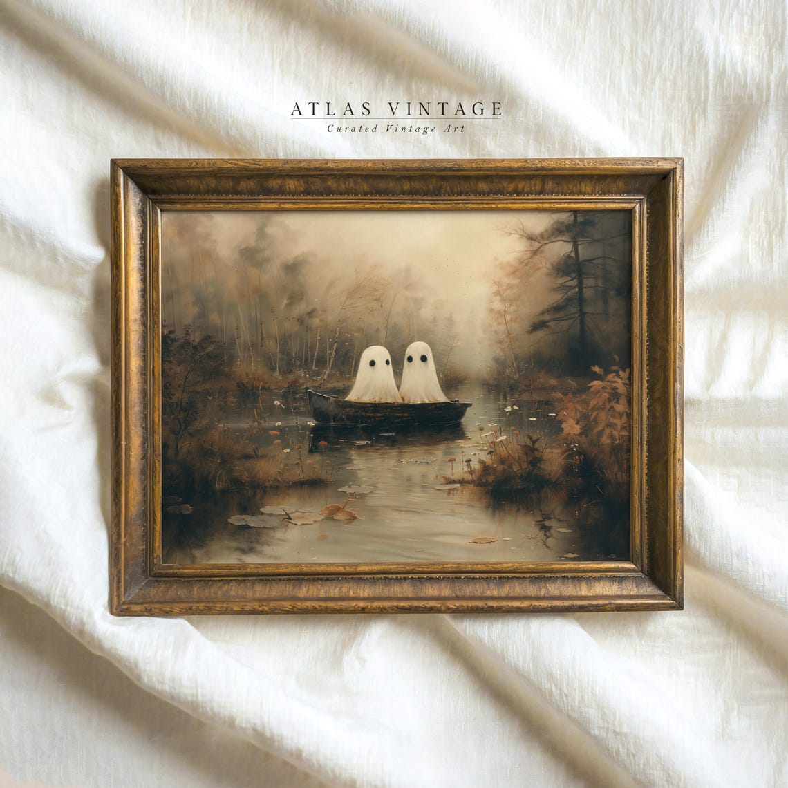 Two Cute Ghosts in a Boat on Misty Lake Halloween Painting Poster
