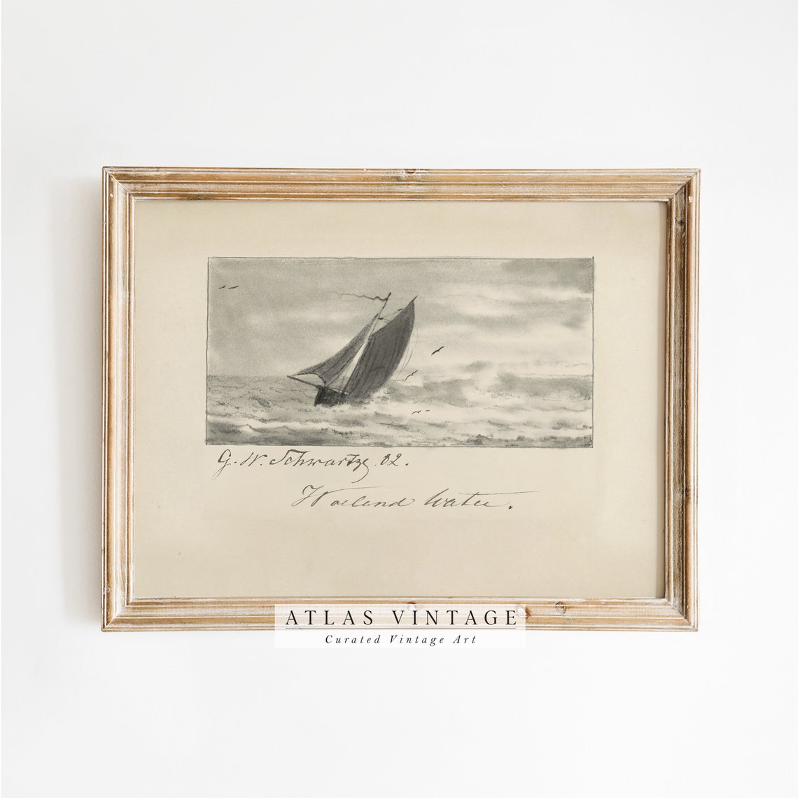 Antique Hand Signed Sailboat Sketch on a Stormy Sea Art Poster