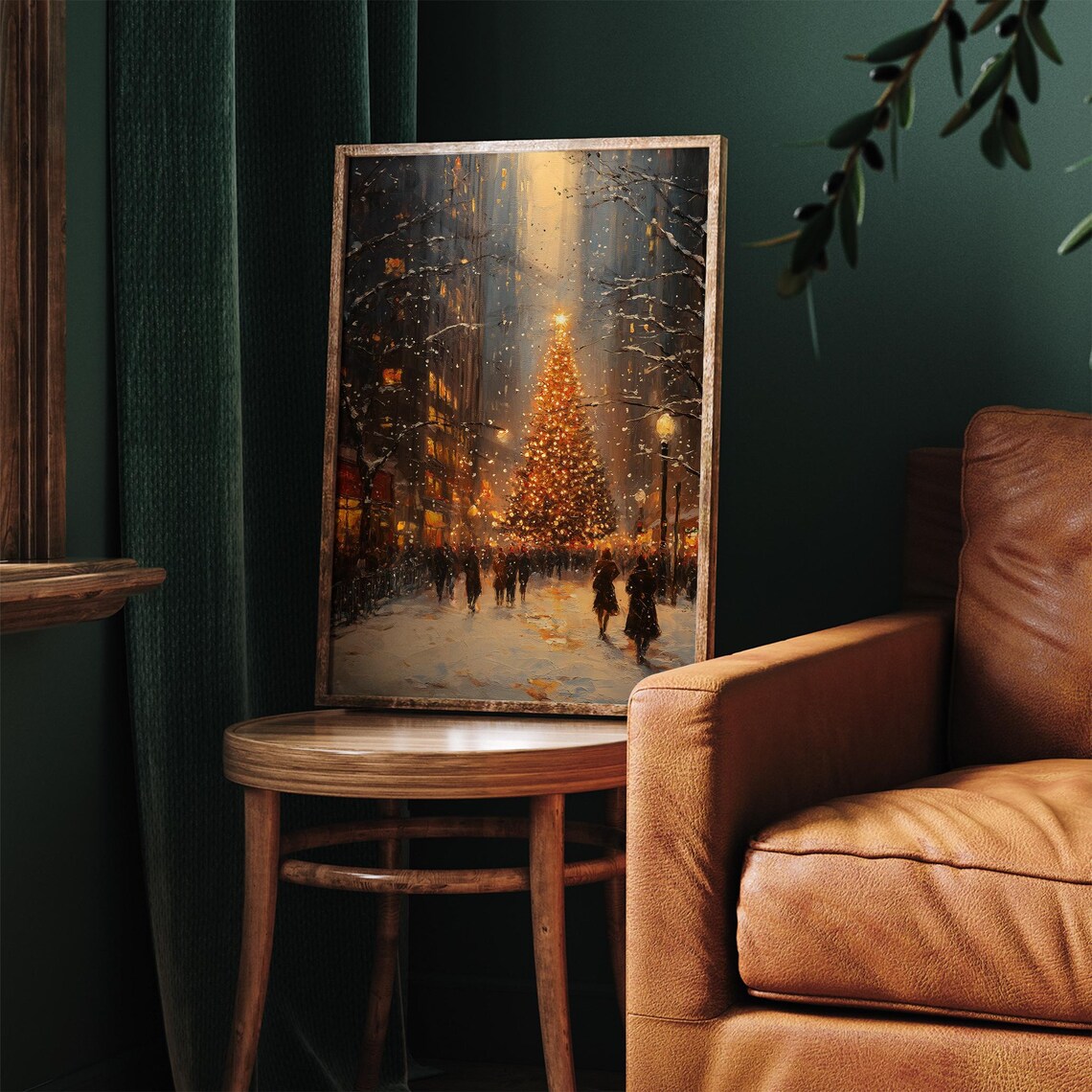 Glowing Christmas Tree City Night Vintage Winter Holiday Street Print - Image 5