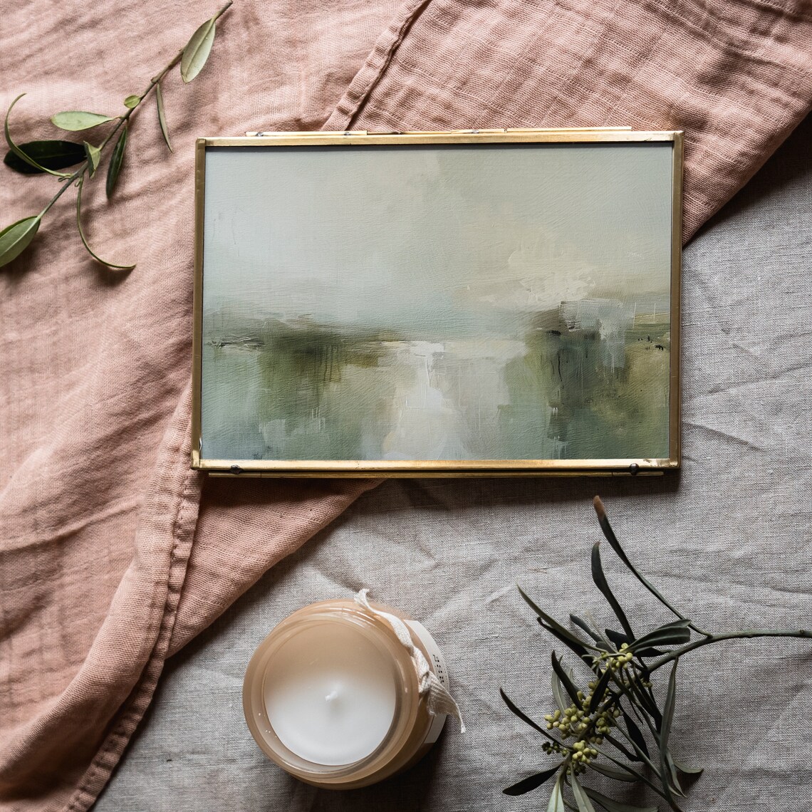 Sage Green Abstract Landscape Muted Modern Minimalist Oil Painting Print - Image 3