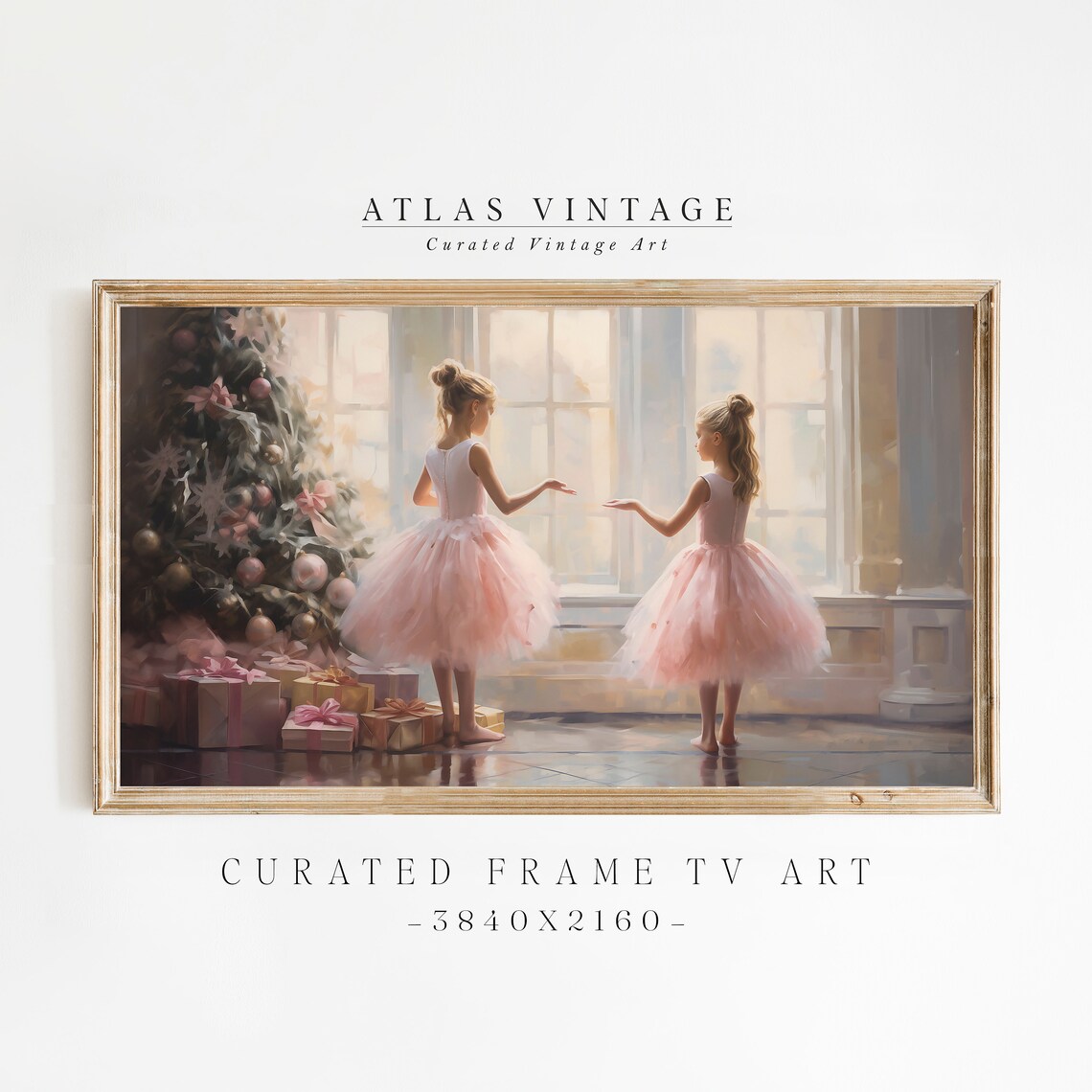 Ballerina Girls by Christmas Tree Pink Tutu Holiday Painting Poster