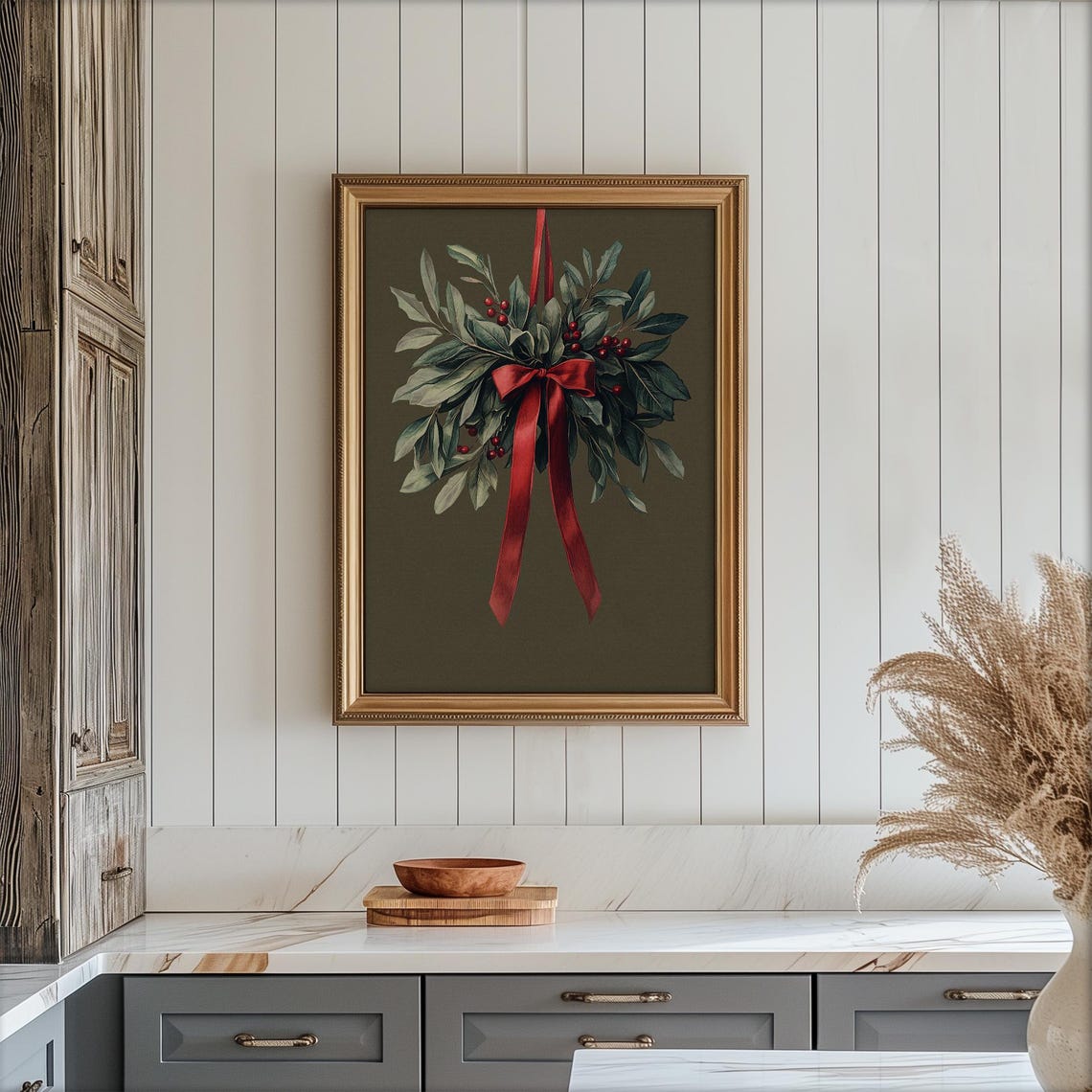 Christmas Mistletoe With Red Ribbon on Olive Green Holiday Poster - Image 4