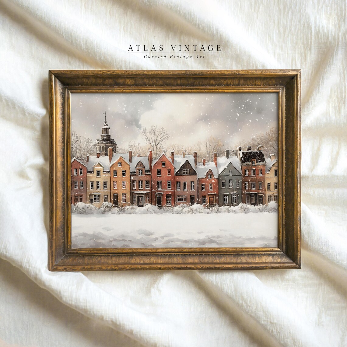 Snowy Brick Townhouse Row Church Steeple Winter Village Street Poster