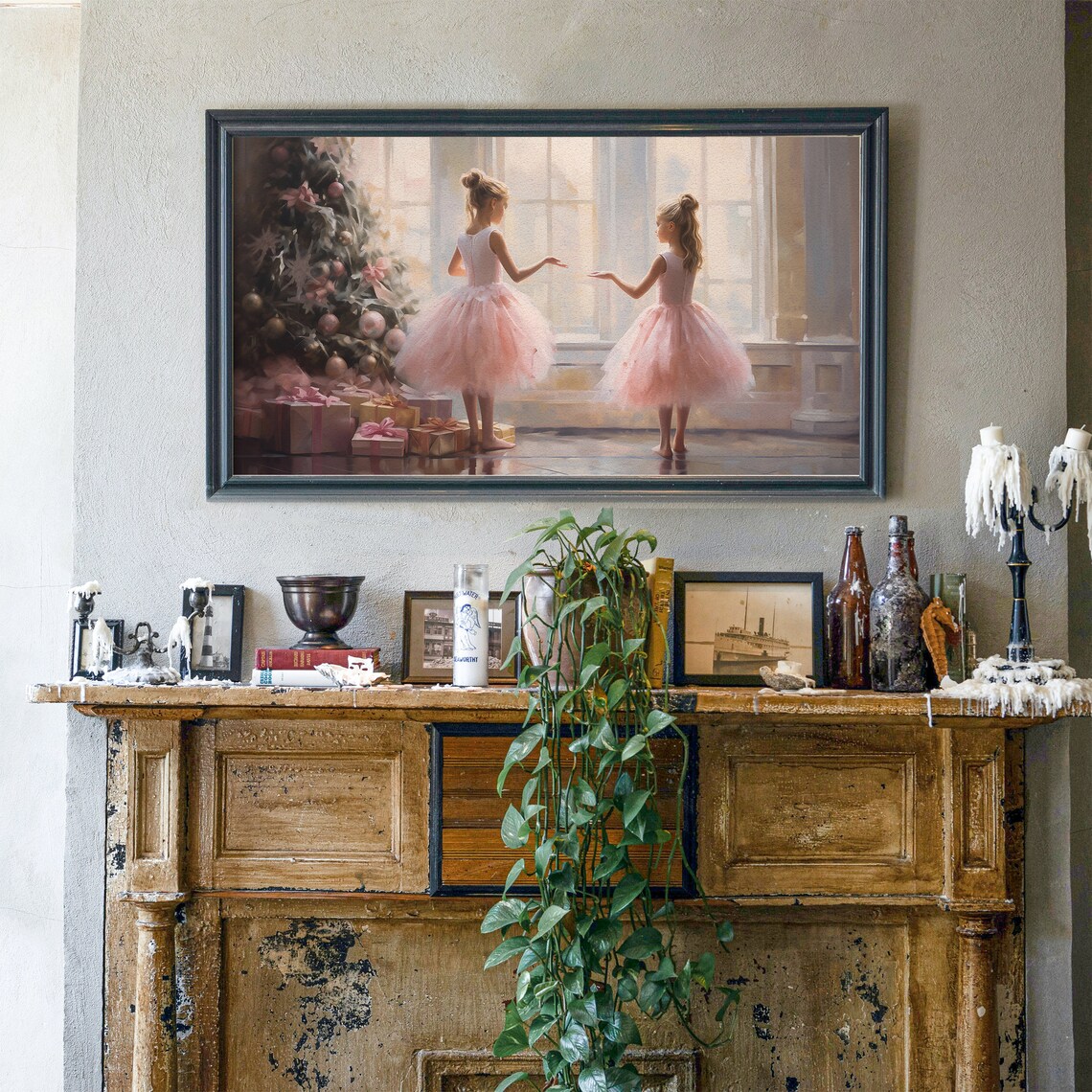 Ballerina Girls by Christmas Tree Pink Tutu Holiday Painting Poster - Image 5