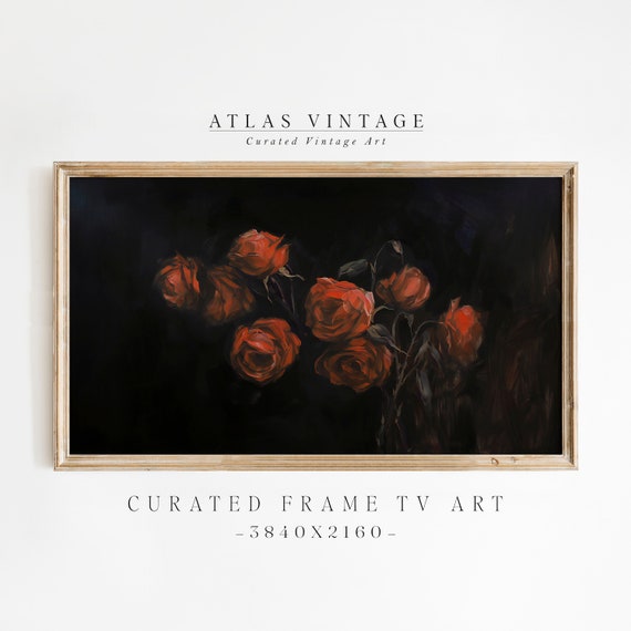 Vintage Red Roses Valentines Day Frame Tv Art Antique Floral Oil Painting Botanical Flowers Frame Tv Art Dark Moody Decor