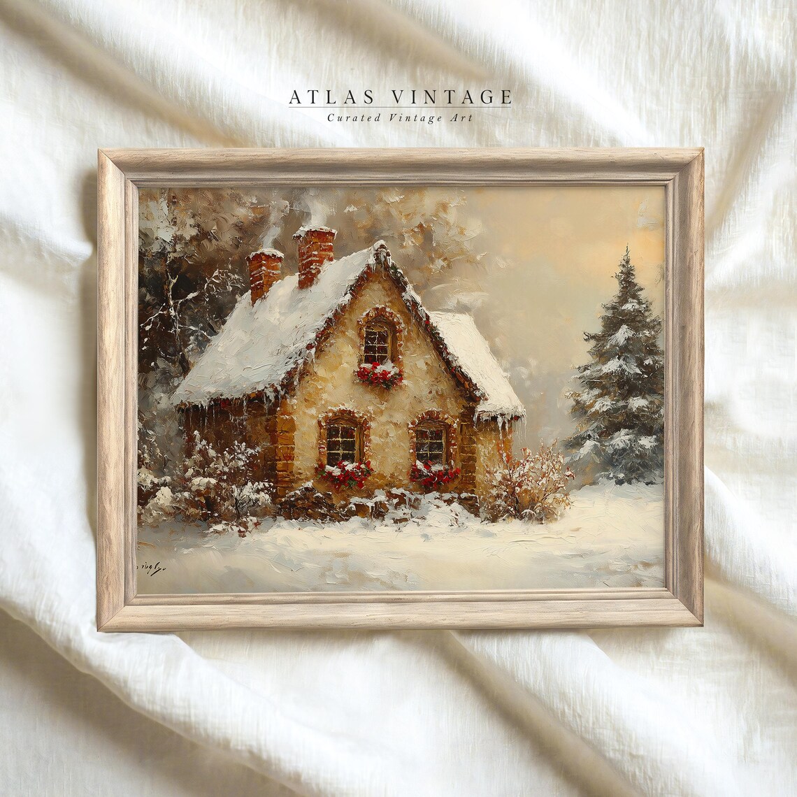 Vintage Christmas Cabin Snowy Cottage Winter Night Oil Painting Poster - Image 6