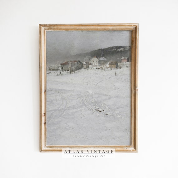 Moody Snowy Landscape Oil Painting Antique Winter Print Vintage Winter Wall Art French Country Wall Dcor