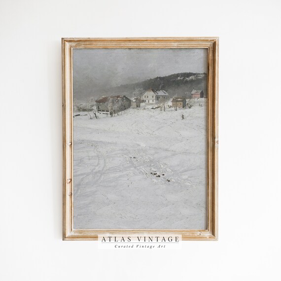 Snow Covered Village on a Winter Hill Moody Landscape Art Poster